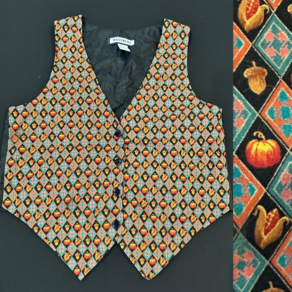 Westbury Fall Pumpkin Acorn Harvest Print Button Up Vest Orange Large Womens